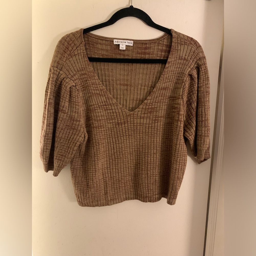 Brown Ribbed V-Neck Blouse